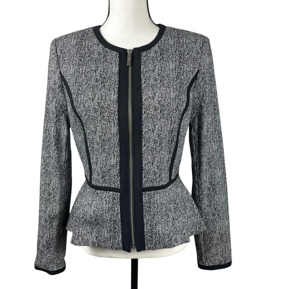 DKNY Women’s Blazer Jacket Size 10 Gray Black Zip Front Peplum Tweed Career Work - Picture 1 of 10